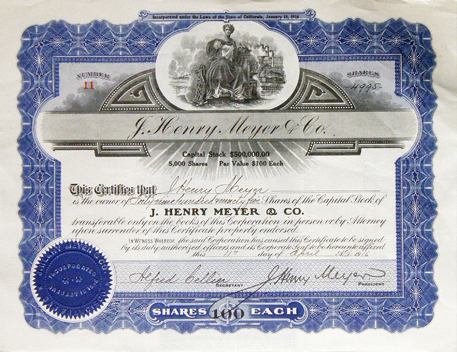 J. Henry Meyer & Co. 99.9% stock certificate